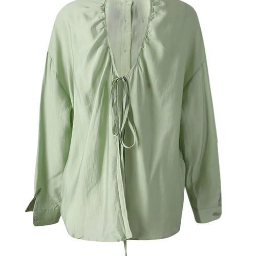 Load image into Gallery viewer, Women Green Backless Bandage Thin Big Size Blouse New Lapel Long Sleeve Shirt Fashion Tide Spring Summer 2025 CPG3253
