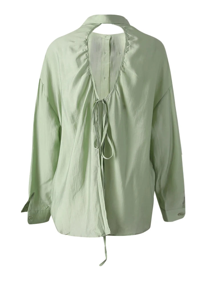 Women Green Backless Bandage Thin Big Size Blouse New Lapel Long Sleeve Shirt Fashion Tide Spring Summer 2025 CPG3253