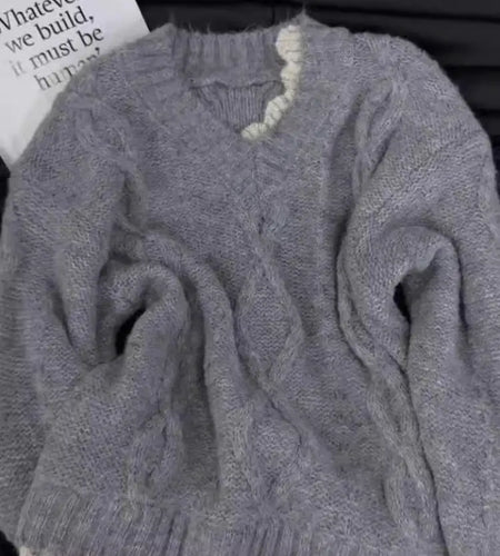 Autumn Winter Red Patchwork Elegant Warm Short Knitted Sweater Korean Women's Grey V-neck Long Sleeved Office Pullover Tops Chic