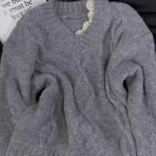 Load image into Gallery viewer, Autumn Winter Red Patchwork Elegant Warm Short Knitted Sweater Korean Women's Grey V-neck Long Sleeved Office Pullover Tops Chic
