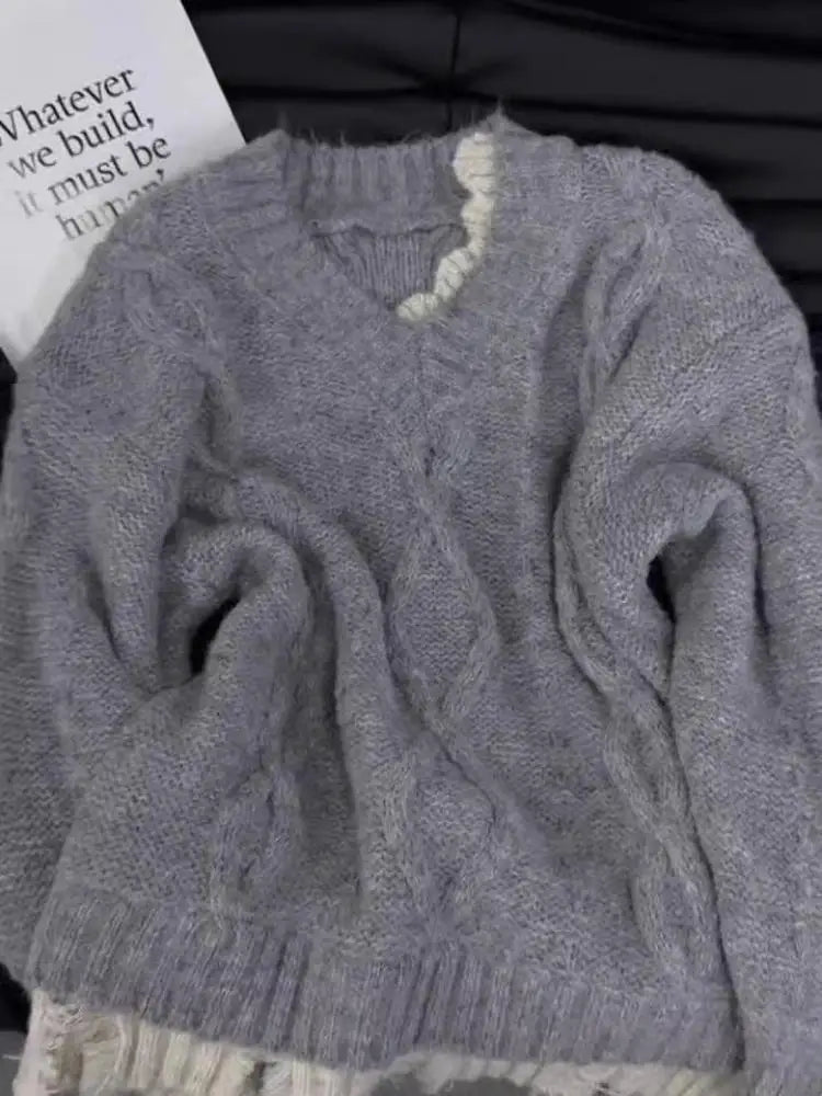 Autumn Winter Red Patchwork Elegant Warm Short Knitted Sweater Korean Women's Grey V-neck Long Sleeved Office Pullover Tops Chic