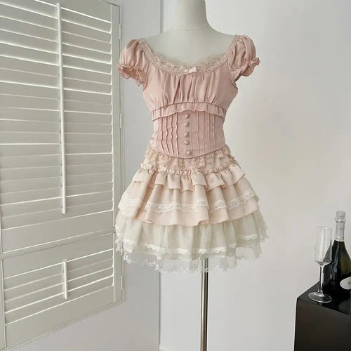 Load image into Gallery viewer, French Summer Sweet Pink Patchwork Lace Short Sleeve Tops And Beige High Waist Ruffle Edge Cake Mini Skirt Women Two Piece Sets
