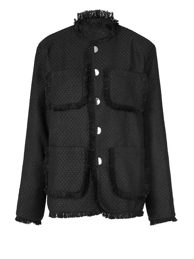 Black Burr Big Size Elegant Woolen Coat New Lapel Long Sleeve Women Jacket Fashion Tide Autumn Winter 2025 1DF6397