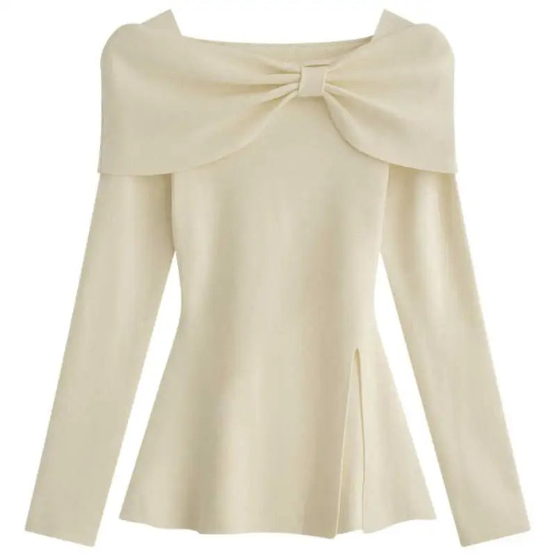 Autumn Winter Solid Slim Short Pullover Knitted Top Women Casual Long Sleeve Split Bow Sweater New Ladies Simplicity Streetwear