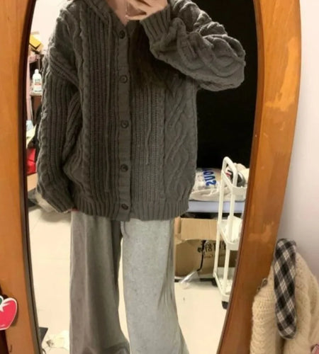 Japanese Loose Grunge Hooded Cardigans Casual Harajuku Women Single Breasted Coats Y2k Aesthetic Vintage Solid Twist Sweet Tops