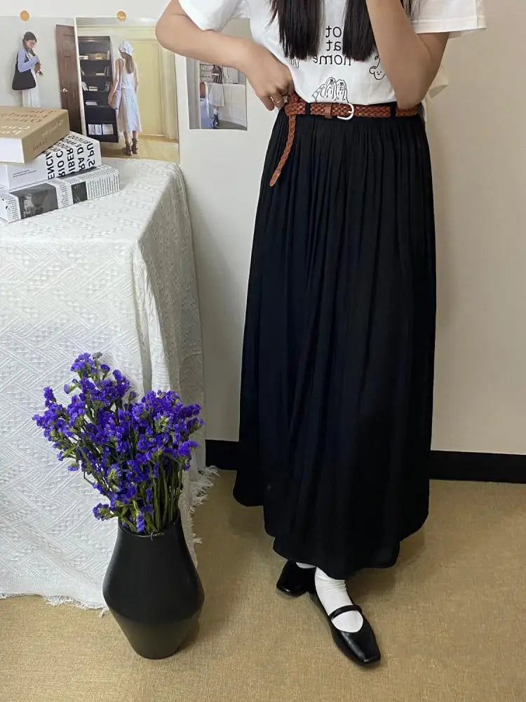 Spring Summer New Solid Elegant Vacation Party Pleated Skirt Women's French Fashion Elastic Waist Office Long Skirt Trend Simple