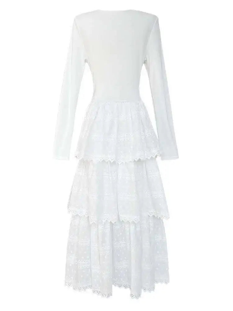 Women White Brief Slim Elegant Layers Long Cake Dress New V-Neck Long Sleeve Fashion Tide Spring Autumn 2025 1DH9982