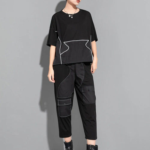 Load image into Gallery viewer, Women Black Topstitched Drawstring Big Size T-shirt New Round Neck Short Sleeve Fashion Tide Spring Summer 2025 1DJ1797
