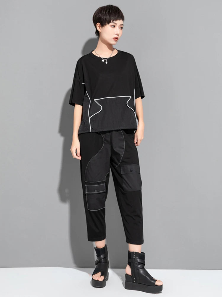 Women Black Topstitched Drawstring Big Size T-shirt New Round Neck Short Sleeve Fashion Tide Spring Summer 2025 1DJ1797