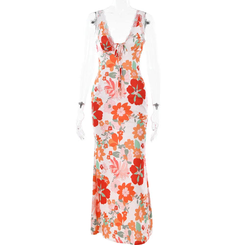 Load image into Gallery viewer, Floral Print Backless Maxi Dress For Women 2023 New V Neck Sleeveless Bodycon Long Dresses Ladies Elegant Sexy Dress
