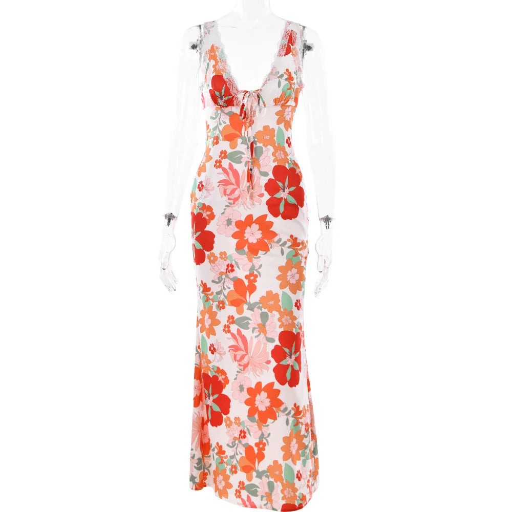 Floral Print Backless Maxi Dress For Women 2023 New V Neck Sleeveless Bodycon Long Dresses Ladies Elegant Sexy Dress
