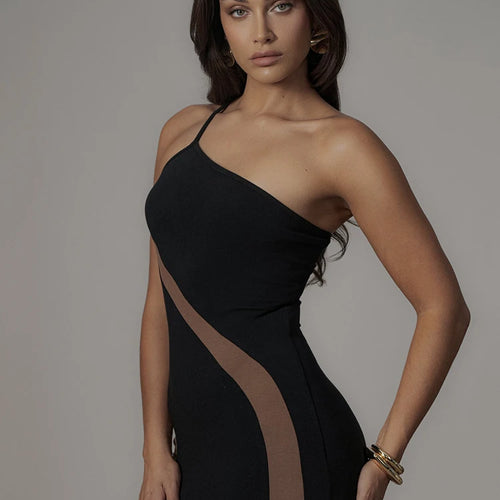 Load image into Gallery viewer, Patchwork One Shoulder Sexy Maxi Dress For Women Black Off-shoulder Backless Bodycon Club Party Evening Long Dress
