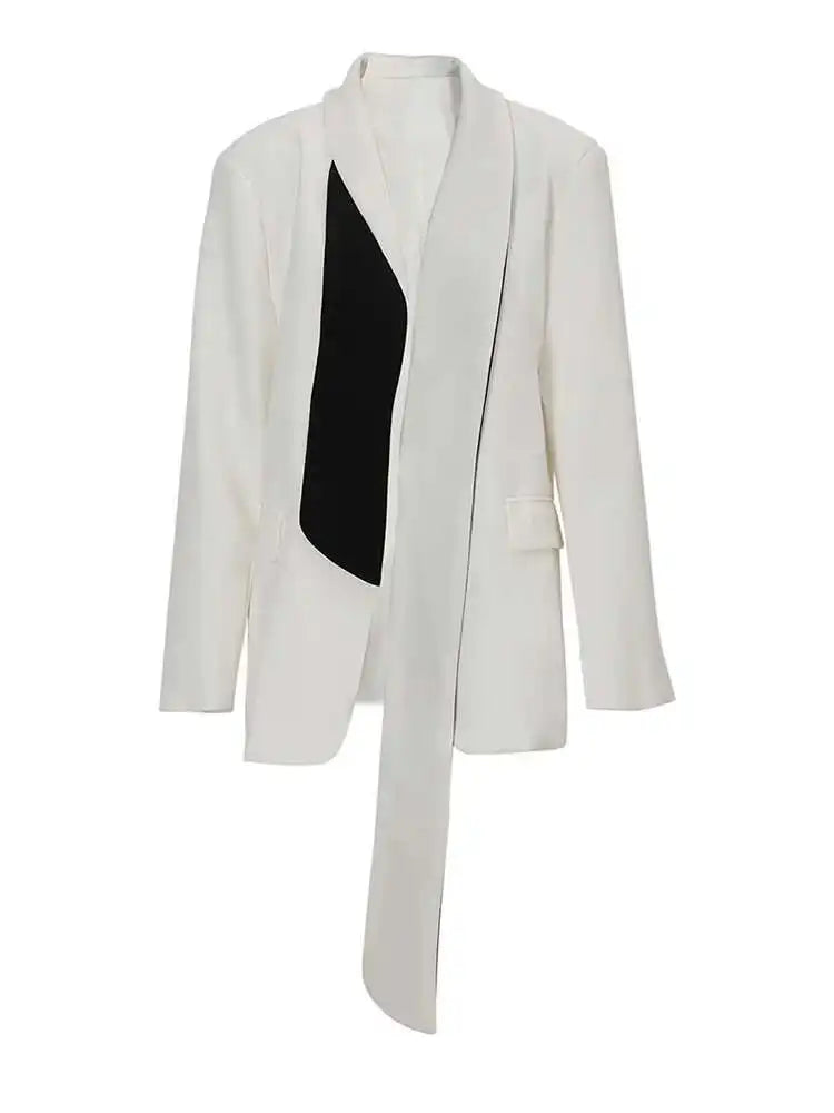 Women Black Ribbon Big Size Color-block Blazer New Lapel Long Sleeve Loose Fit Jacket Fashion Spring Autumn 2025 1DF3066