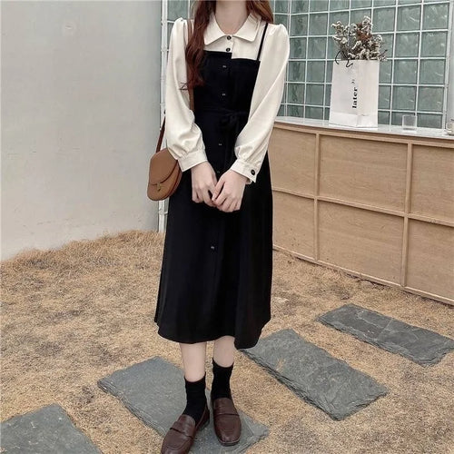 Load image into Gallery viewer, Soft Polo Shirt Dress Women Autumn Vintage Preppy Style Korean Long Sleeve Midi Belt Dress School Student Clothes
