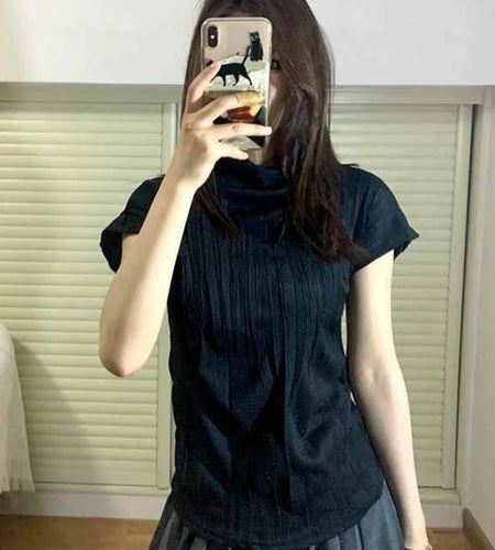 Y2k Aesthetic Half High Collar Vintage Tees Streetwear Casual Solid Fairy Pleated Tshirts Women Harajuku Grunge Slim Fit Tops