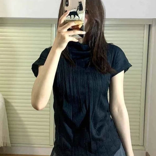 Load image into Gallery viewer, Y2k Aesthetic Half High Collar Vintage Tees Streetwear Casual Solid Fairy Pleated Tshirts Women Harajuku Grunge Slim Fit Tops
