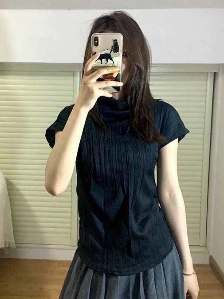 Y2k Aesthetic Half High Collar Vintage Tees Streetwear Casual Solid Fairy Pleated Tshirts Women Harajuku Grunge Slim Fit Tops