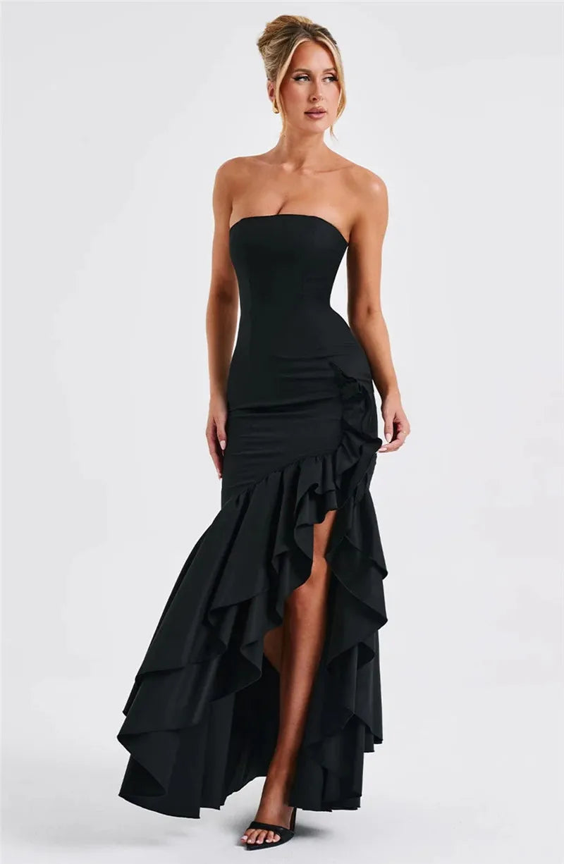 Strapless High Split Ruffle Long Dress For Women Fashion Off-shoulder Backless Sleeveless Bodycon Club Party Sexy Dress