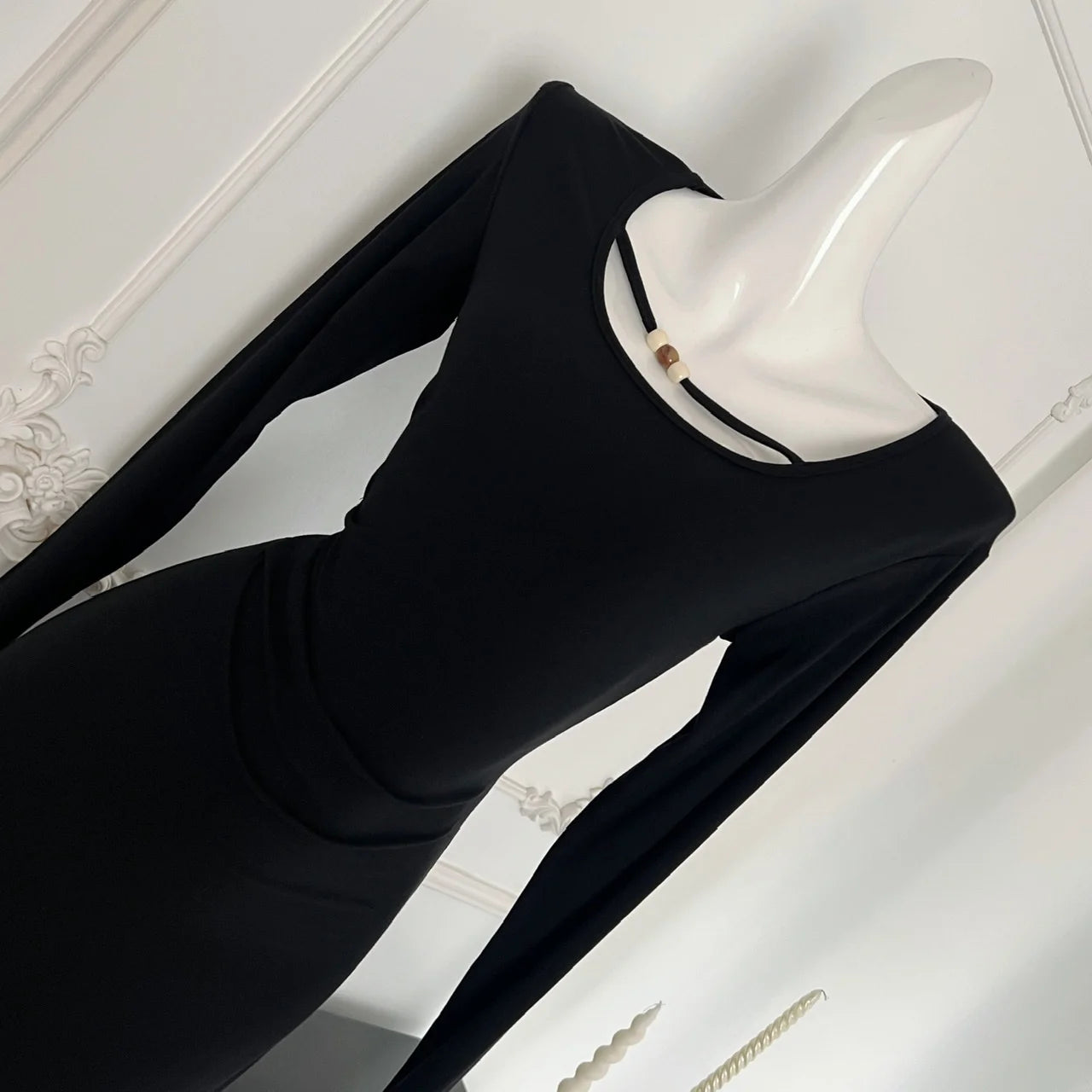 French Vintage Women's Black Mesh Elegant Long Sleeve Pleated Fishtail Dress Autumn Round Neck Temperament Party Evening Dresses