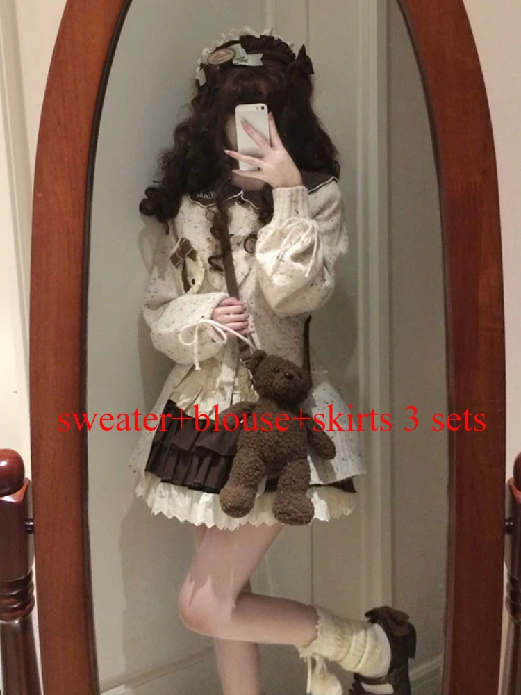 Japanese Sweet Lolita Cardigans Women Y2k Aesthetic Hollow Out Bandage Sweater Kawaii Bow Pocket 2025 Casual Streetwear JK Tops