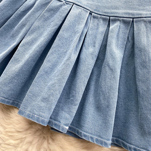 Load image into Gallery viewer, Female Chic Retro Suits Strap Button Elasticity Short Tank+Pleated Mini Skirt Fashion Hotsweet Denim Two Pieces Set
