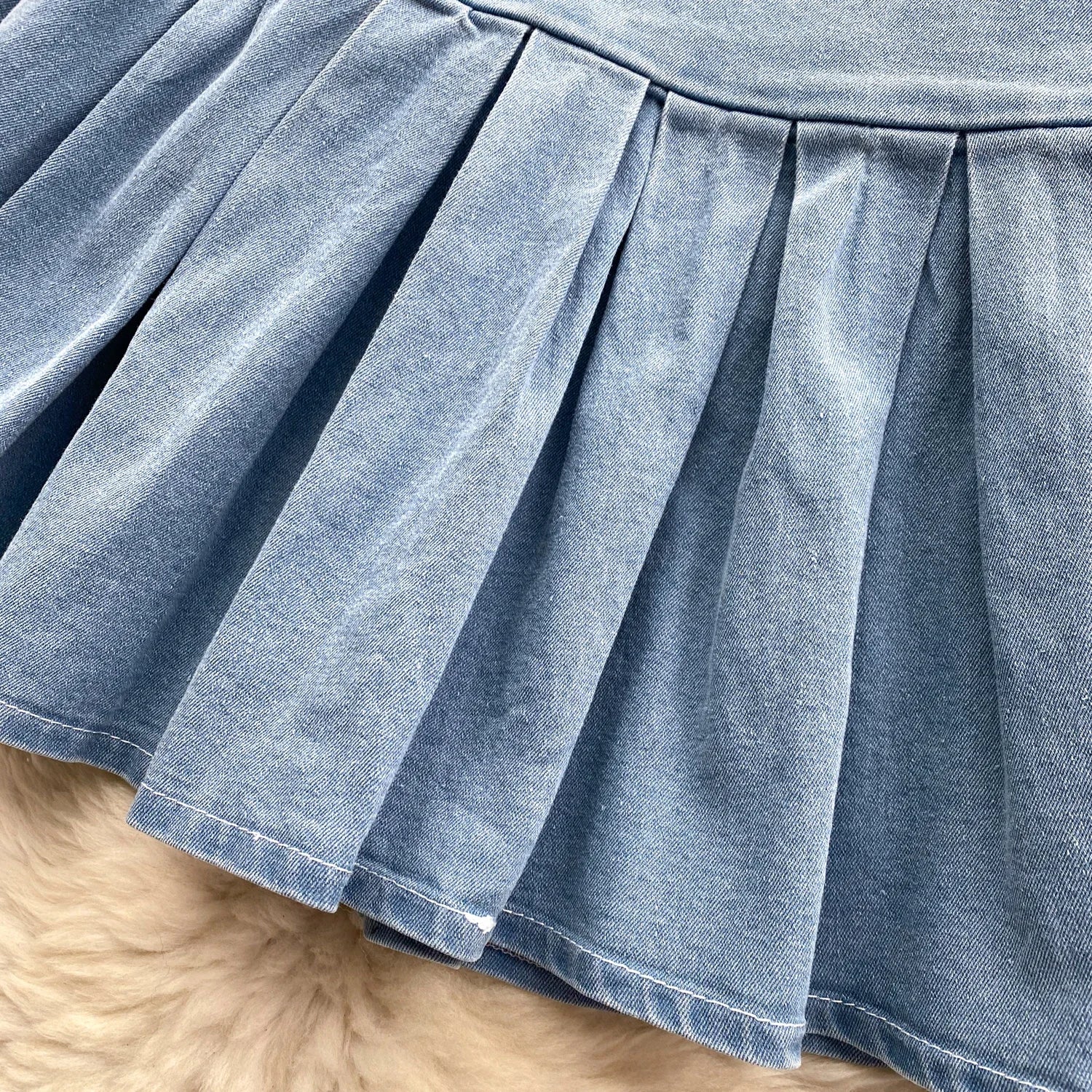 Female Chic Retro Suits Strap Button Elasticity Short Tank+Pleated Mini Skirt Fashion Hotsweet Denim Two Pieces Set