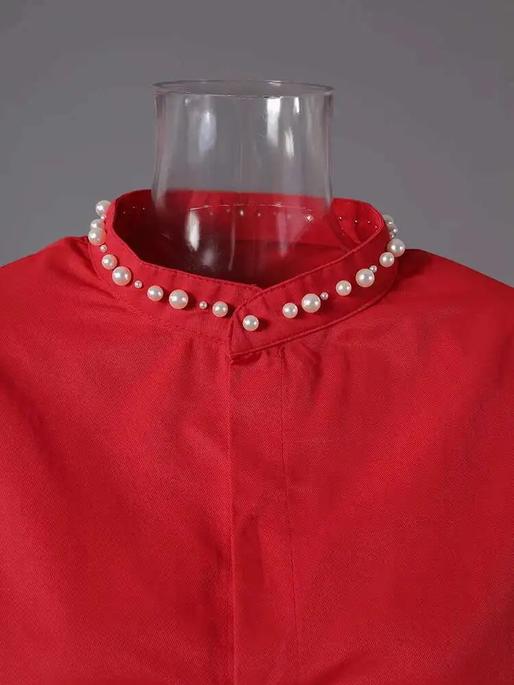 Women Red Pearl Nailed Elegant Big Size Blouse New Stand Collar Long Sleeve Shirt Fashion Tide Spring Autumn 2025 CPG2862