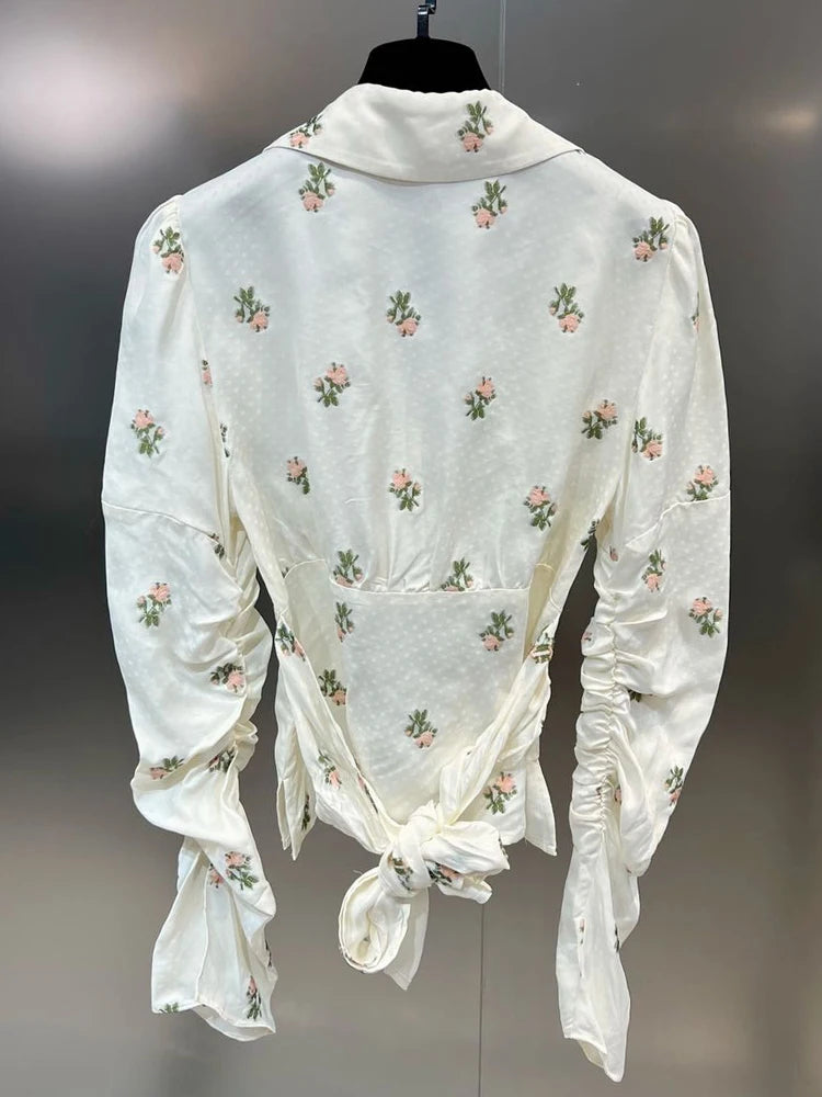 Slim Print Floral Shirt For Women Lapel Long Sleeve Bandage Colorblock Button Through Blouse Female Clothes Fashion