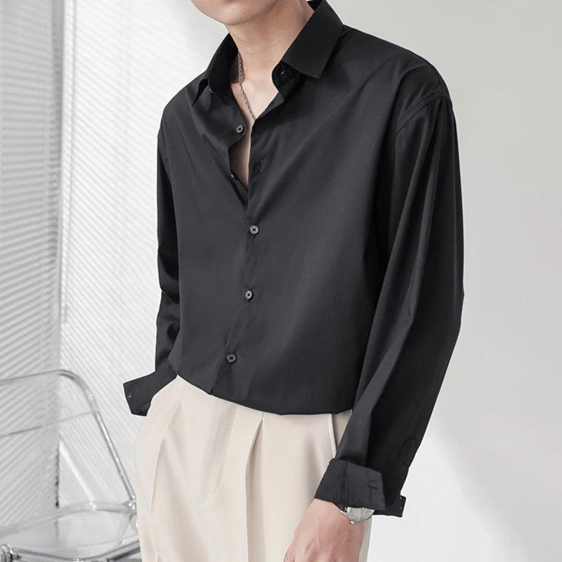Korean Style Men's Shirts Loose Shoulder Solid Color Trendy Long Sleeved Design Single Breasted Lapel Male Tees 9W1870
