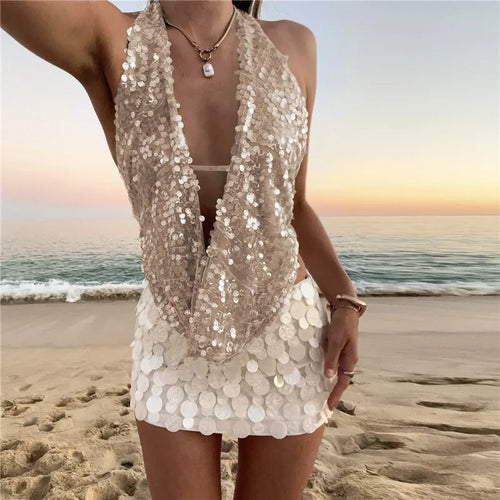 Load image into Gallery viewer, Halter Deep V Neck Sexy Crop Tops Women Sequins Beach Club Tank Tops Female Summer New Holiday Party Cropped Tops
