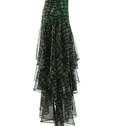 High Waist Green Print Zipper Irregular Mesh Holiday Half-body Skirt Women Fashion Tide New Spring Summer 2025 1DF6554