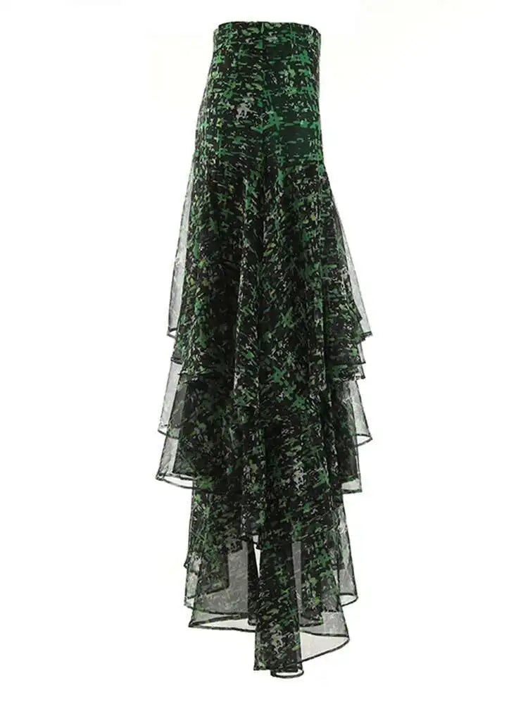 High Waist Green Print Zipper Irregular Mesh Holiday Half-body Skirt Women Fashion Tide New Spring Summer 2025 1DF6554