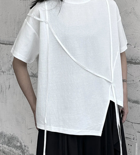 Women White String Desgin Big Size Casual T-shirt New Round Neck Short Sleeve Fashion Tide Spring Summer 2025 1DF9658