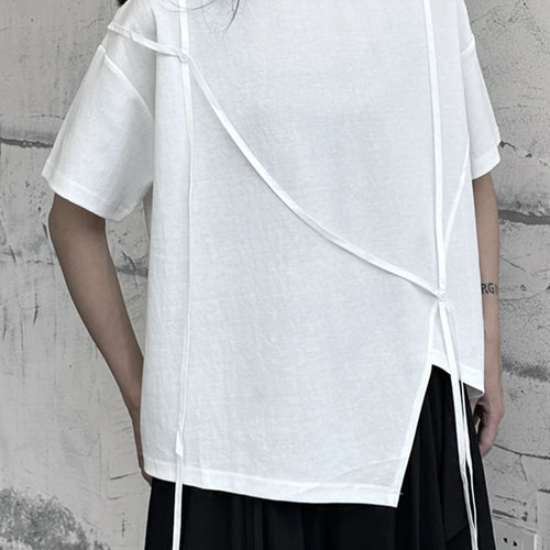 Load image into Gallery viewer, Women White String Desgin Big Size Casual T-shirt New Round Neck Short Sleeve Fashion Tide Spring Summer 2025 1DF9658
