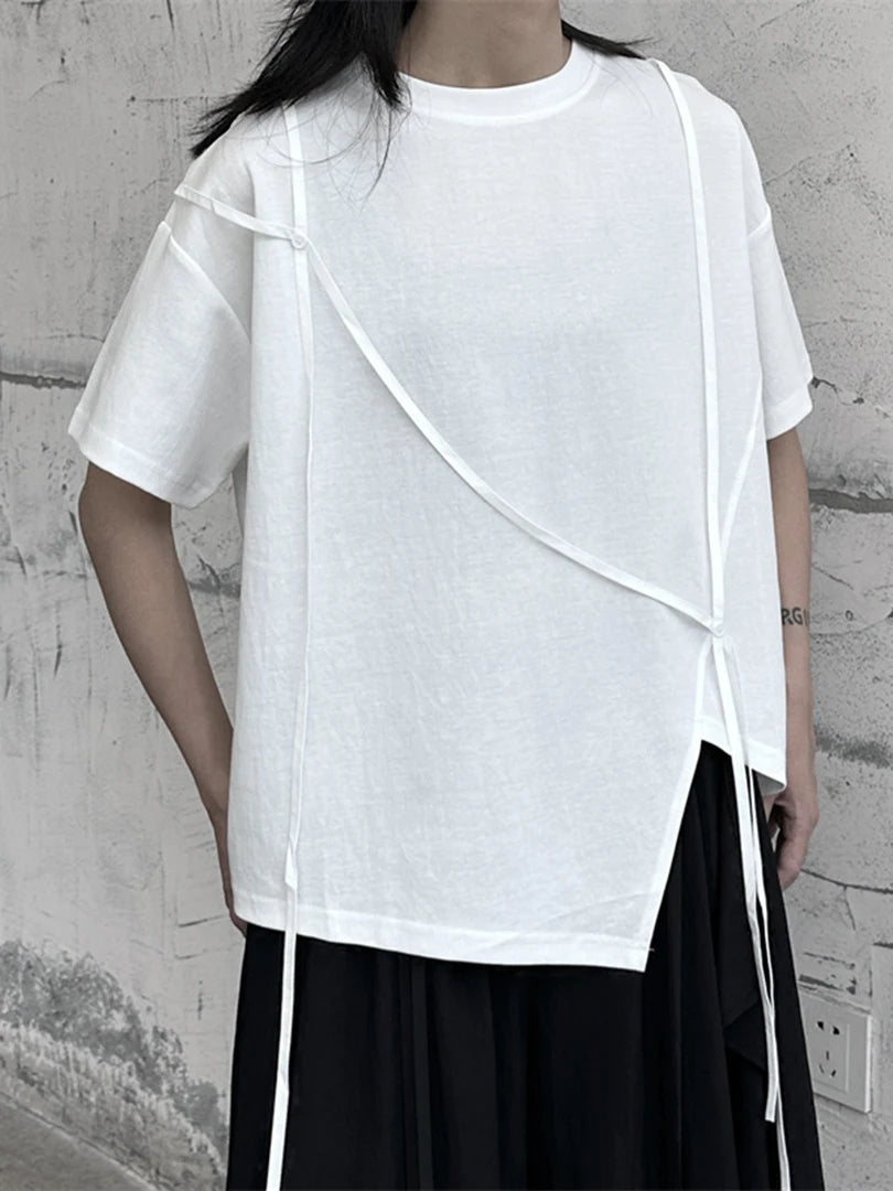 Women White String Desgin Big Size Casual T-shirt New Round Neck Short Sleeve Fashion Tide Spring Summer 2025 1DF9658