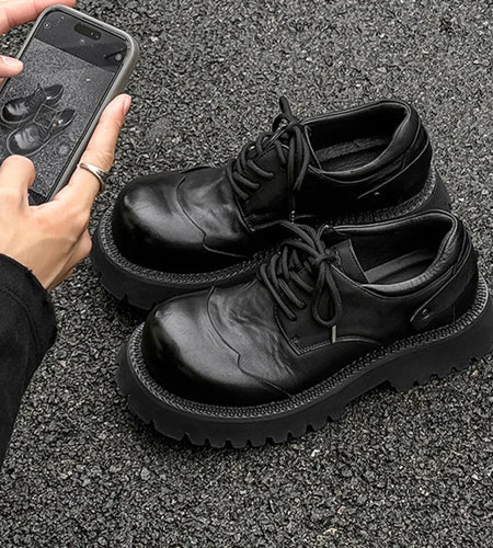 men's leather round toe shoes British style workwear thickened sole PU Leather male shoe lace-up new 2025 9C9232