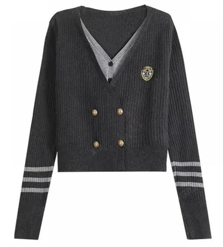 French Fashion 2024 New Patchwork Elegant Long Sleeved Sweater Autumn Winter Women's V Neck Double Breasted Cardigan Knitted Top