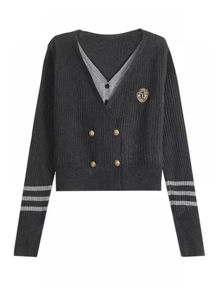 French Fashion 2024 New Patchwork Elegant Long Sleeved Sweater Autumn Winter Women's V Neck Double Breasted Cardigan Knitted Top