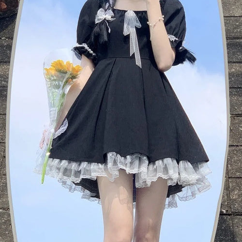 Load image into Gallery viewer, Kawaii Gothic Lolita Dress Women Goth Harajuku Cute Lace Black Puff Sleeve Short Dresses School Jk Summer Girls
