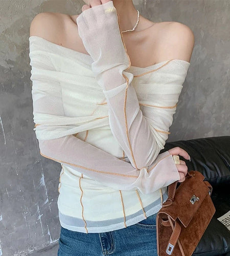 Elegant Tops for Women y2k Clothes See Through Striped Patchwork Long Sleeve Mesh T Shirts 2000s Clothing Streetwear