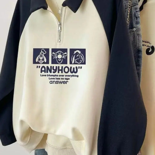 Load image into Gallery viewer, Korean 2024 Autumn Winter New Beige Patchwork Letter Print Zipper Sweatshirt Women Long Sleeve Loose Pullover Tops Casual Trendy
