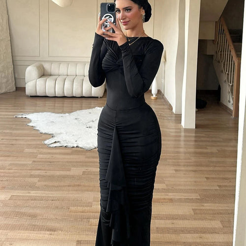 Load image into Gallery viewer, Elegant Long Sleeved Elastic Tight Pleated Party Club Evening Dress Women Fashion Maxi Vestido Autumn Winter New Female

