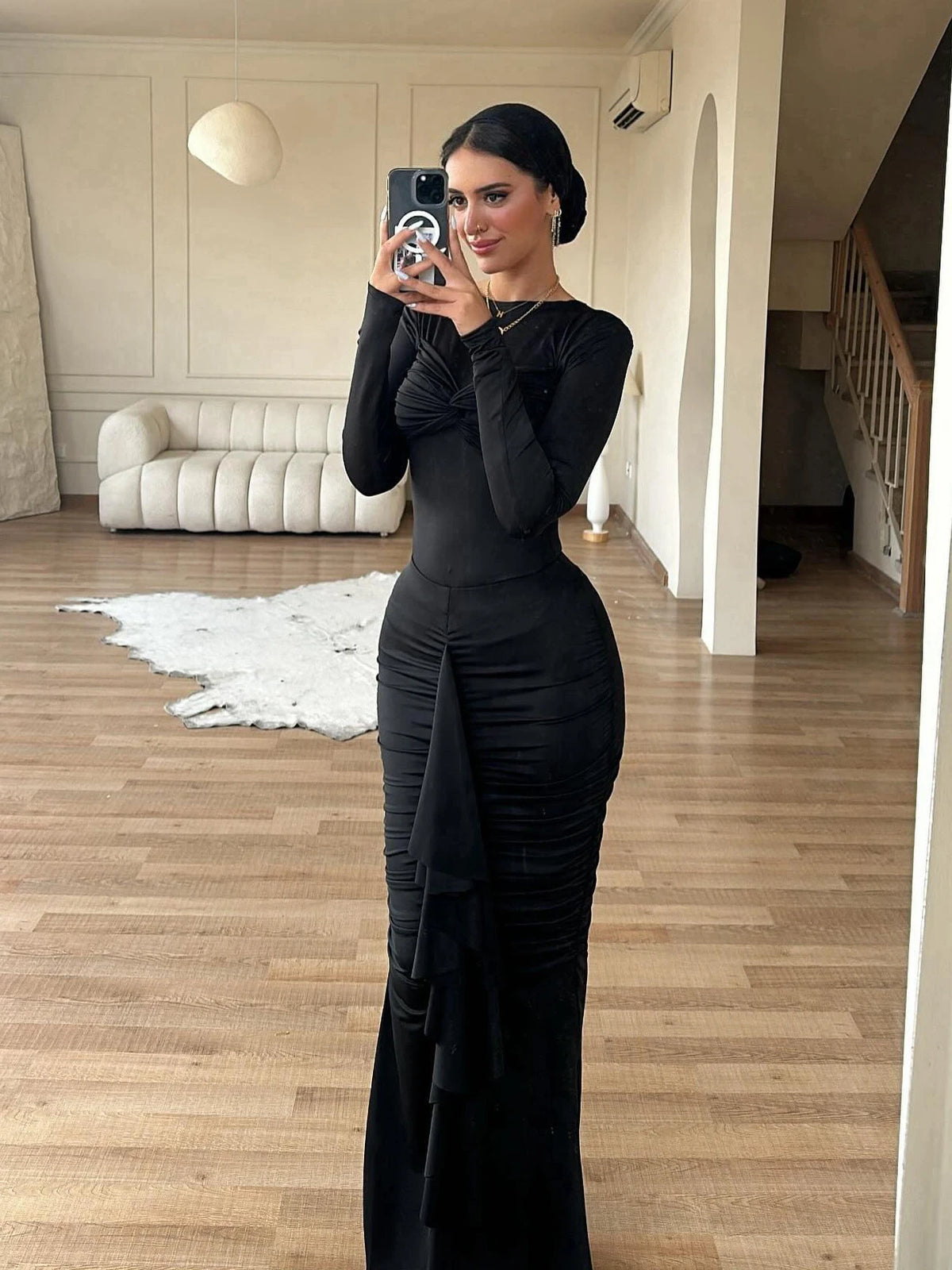 Elegant Long Sleeved Elastic Tight Pleated Party Club Evening Dress Women Fashion Maxi Vestido Autumn Winter New Female