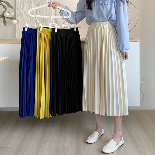 Load image into Gallery viewer, Spring Summer Black Beige High Waist Pleated Long Skirts Korean Fashion Women Blue Yellow Versatile A-line Half Skirt Streetwear
