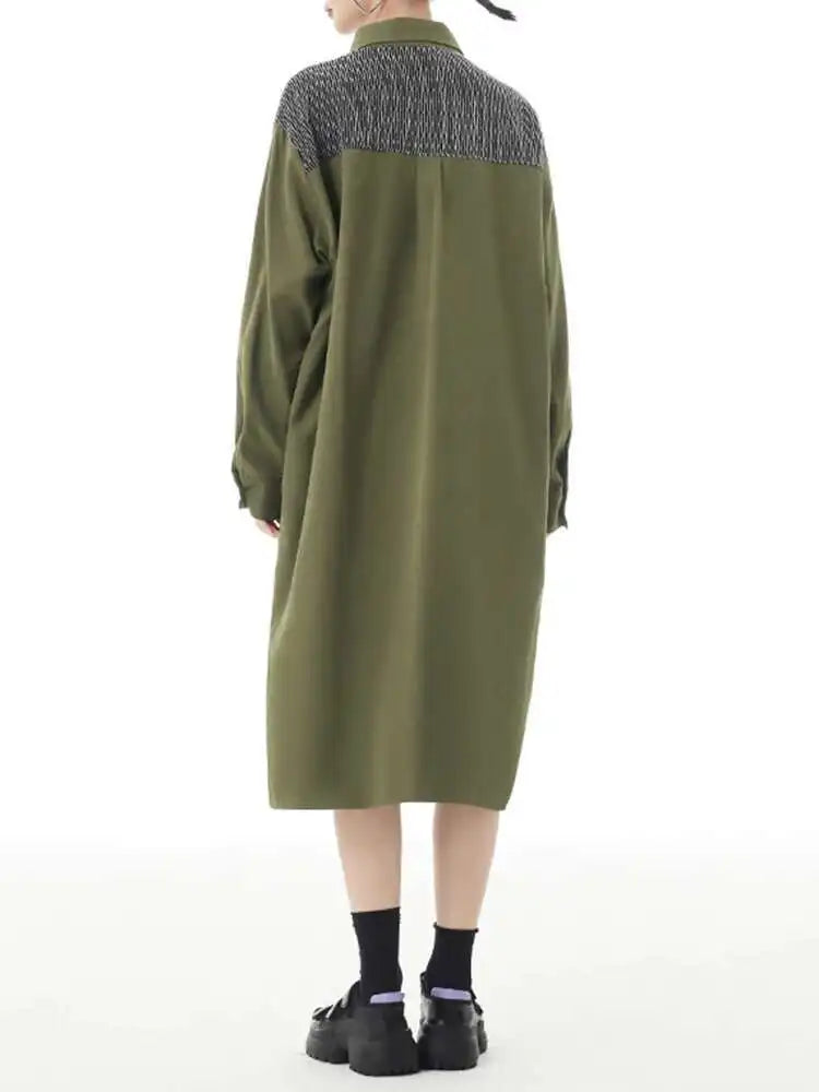 Women Black Color-block Big Size Midi Shirt Dress New Lapel Long Sleeve Loose Fit Fashion Tide Spring Autumn 2025 1DH2095