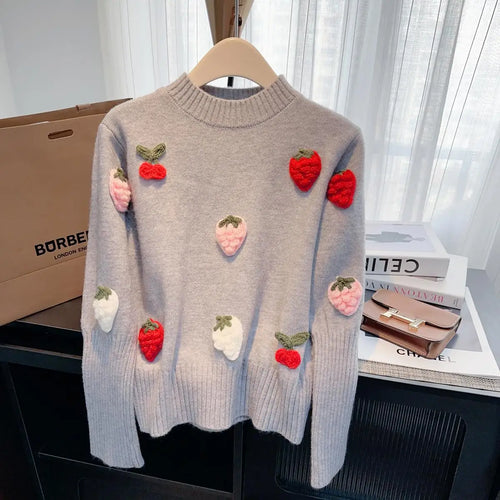 Load image into Gallery viewer, French Vintage Women Sweet Strawberry Embroidered Elegant Long Sleeve Knit Sweater 2024 New Autumn Winter Round Neck Tops Trendy
