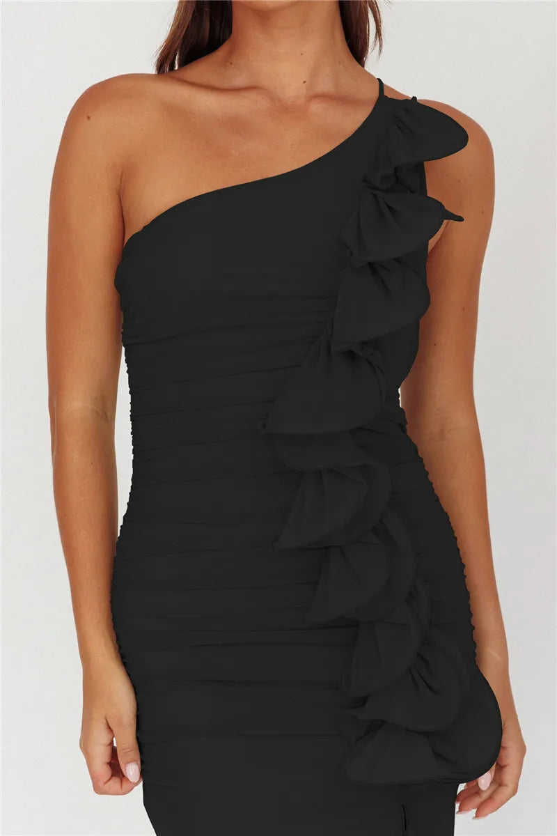 One Shoulder Draped Ruffle Maxi Dress Women Gown Fashion Diagonal Collar Backless Sleeveless Split Long Dress Elegant