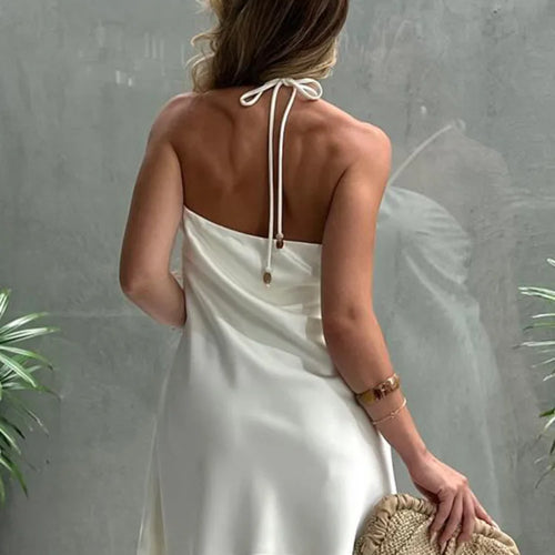 Load image into Gallery viewer, Halter Off-shoulder Backless Sexy Mini Dress Women White Hollow Out Strapless Lace-up A-line Club Dress Summer 2025
