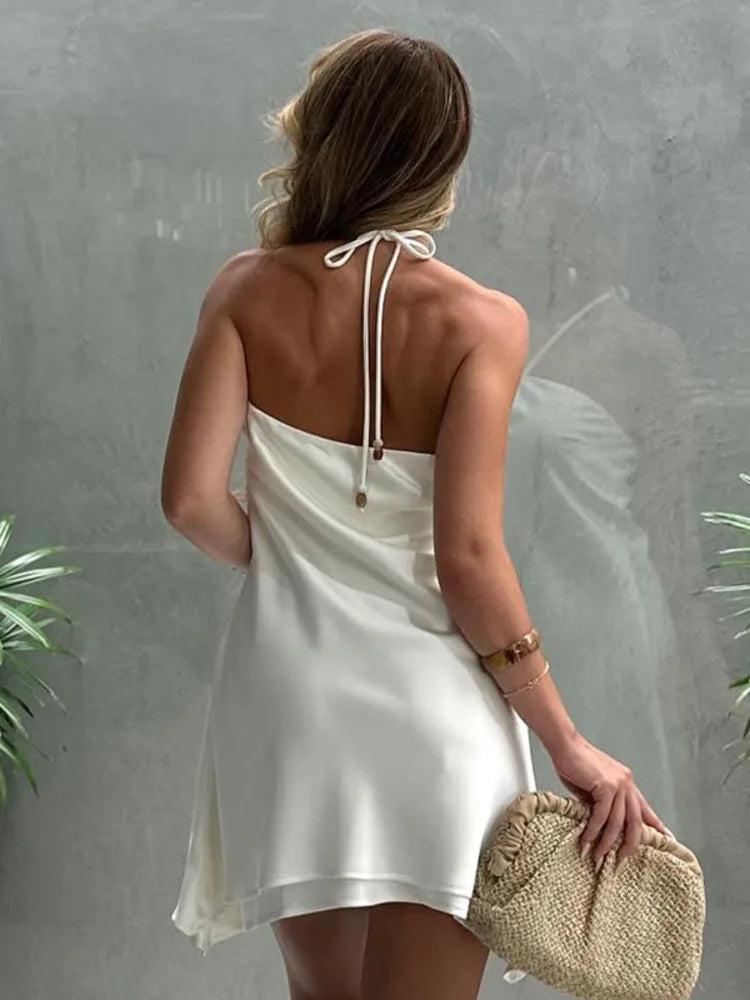 Halter Off-shoulder Backless Sexy Mini Dress Women White Hollow Out Strapless Lace-up A-line Club Dress Summer 2025