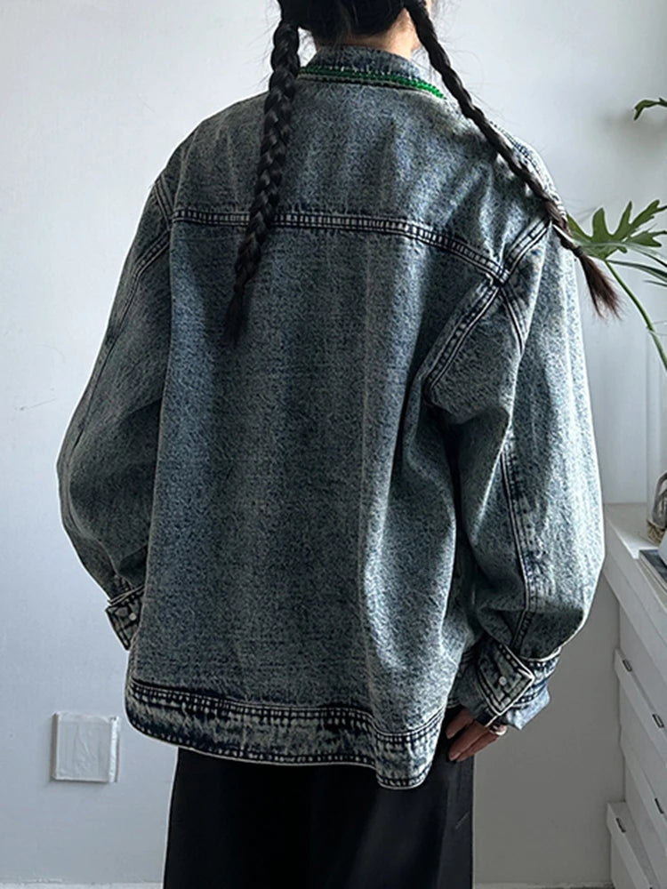 Blue Denim Rhinestones Big Size Casual Jacket New Lapel Long Sleeve Women Coat Fashion Tide Spring Autumn 2025 1DH9669
